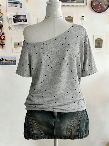 Lalippa Plus Size Women's Botanical Print Off-Shoulder Drop Sleeve Loose Fit T-Shirt