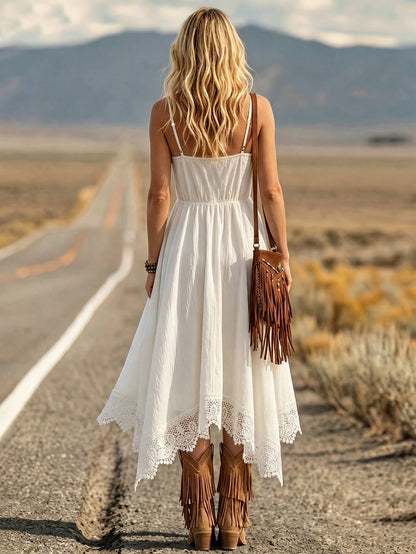 LanaWest Women's Summer White Contrast Lace Crinkle Fabric Waist Asymmetrical Hem Lace Design Casual Versatile Western Style Dress