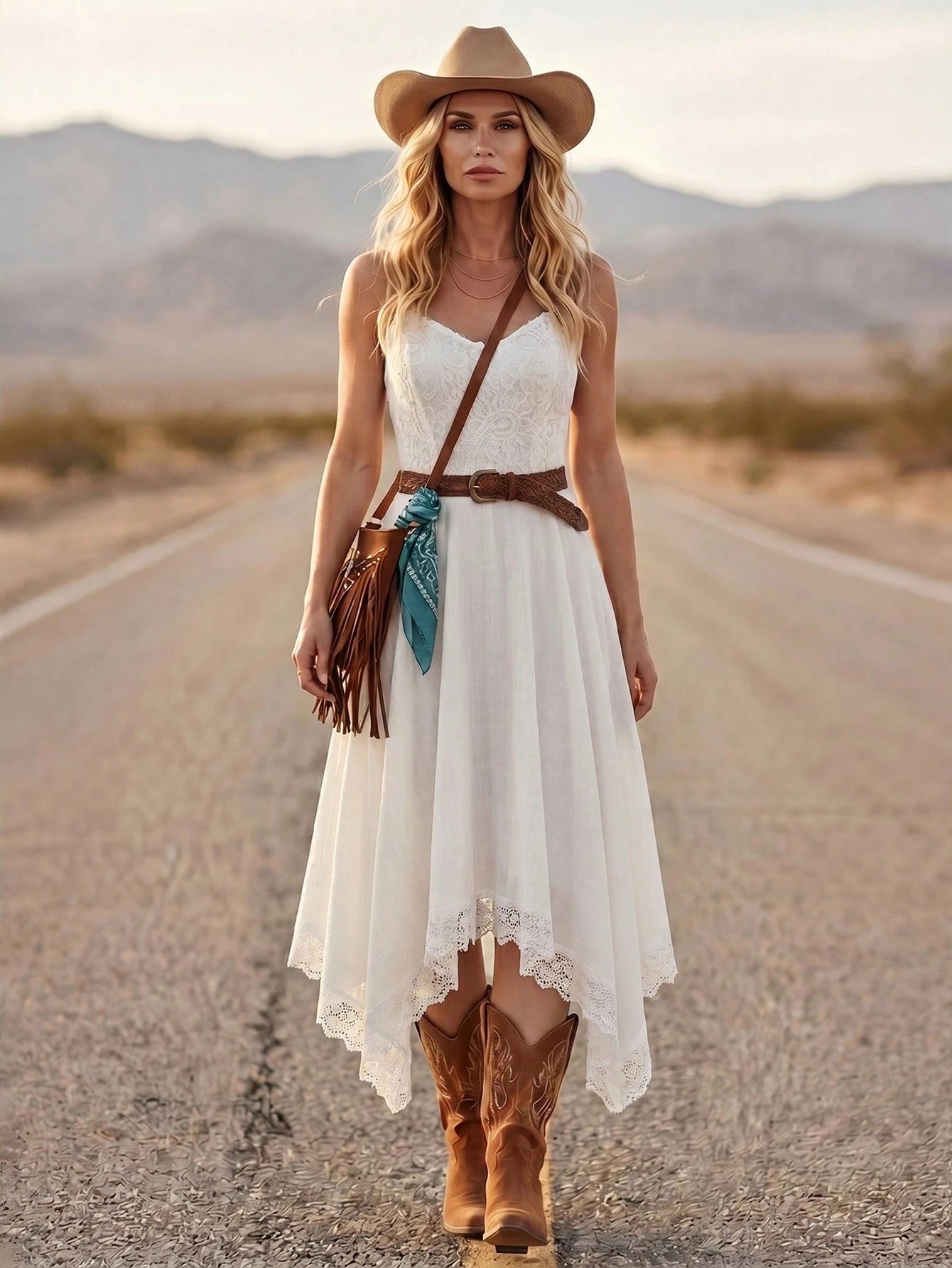 LanaWest Women's Summer White Contrast Lace Crinkle Fabric Waist Asymmetrical Hem Lace Design Casual Versatile Western Style Dress