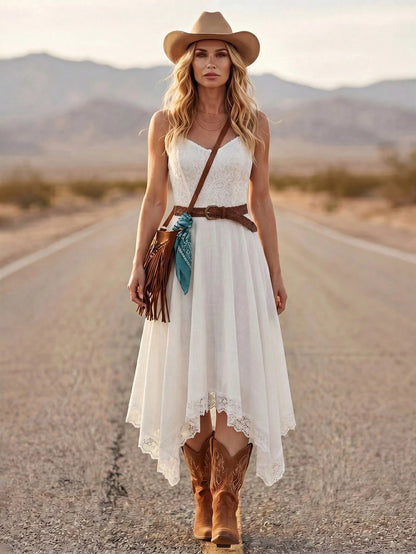 LanaWest Women's Summer White Contrast Lace Crinkle Fabric Waist Asymmetrical Hem Lace Design Casual Versatile Western Style Dress