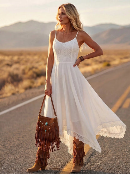 LanaWest Women's Summer White Contrast Lace Crinkle Fabric Waist Asymmetrical Hem Lace Design Casual Versatile Western Style Dress