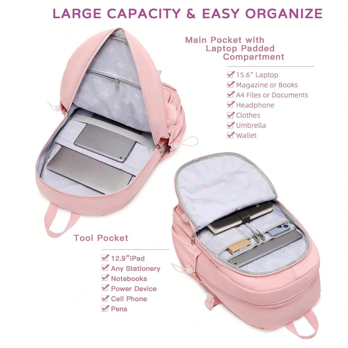 Laptop Backpack 15.6 Inches University Backpack Travel Backpack Large Schoolbag Suitable For Ladies, Pink, Ladies Laptop Schoolbag For Back-To-School