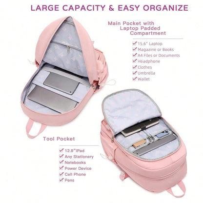 Laptop Backpack 15.6 Inches University Backpack Travel Backpack Large Schoolbag Suitable For Ladies, Pink, Ladies Laptop Schoolbag For Back-To-School