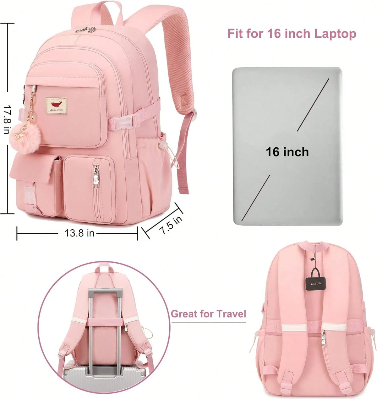 Laptop Backpack 15.6 Inches University Backpack Travel Backpack Large Schoolbag Suitable For Ladies, Pink, Ladies Laptop Schoolbag For Back-To-School