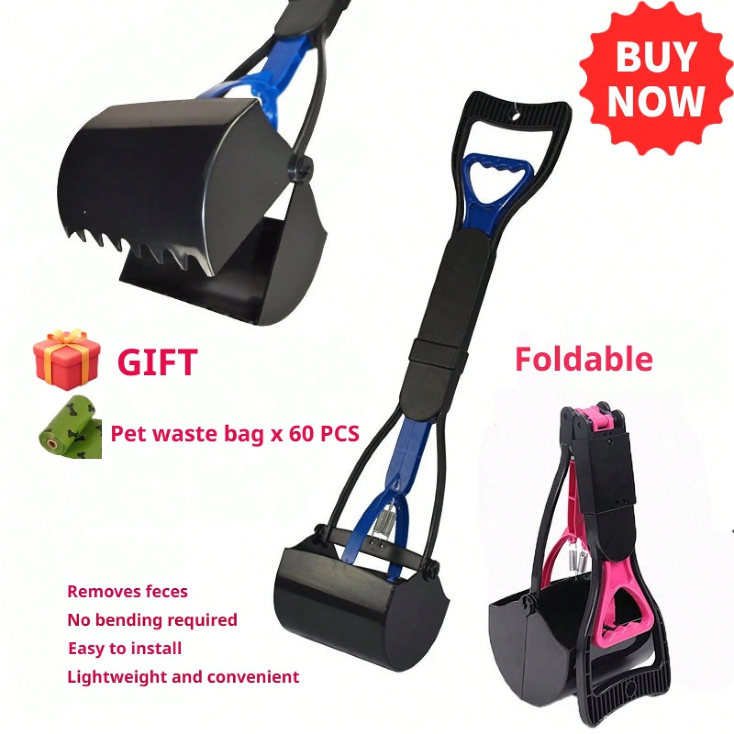 Large 80cm/31.5in Long Handle Pet Poop Scooper With 60 Free Garbage Bags, Foldable Dog Waste Picker Pet Cleaning Supplies