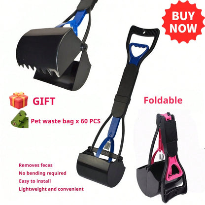 Large 80cm/31.5in Long Handle Pet Poop Scooper With 60 Free Garbage Bags, Foldable Dog Waste Picker Pet Cleaning Supplies