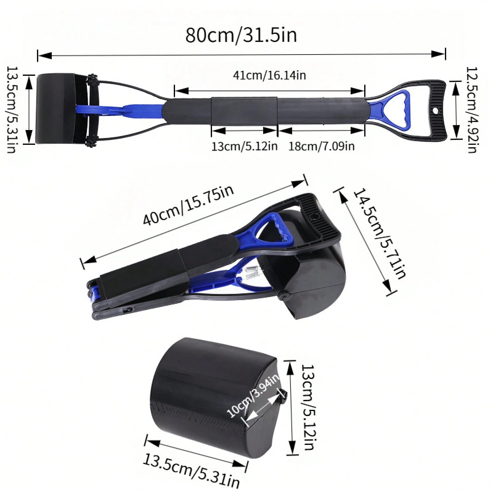 Large 80cm/31.5in Long Handle Pet Poop Scooper With 60 Free Garbage Bags, Foldable Dog Waste Picker Pet Cleaning Supplies