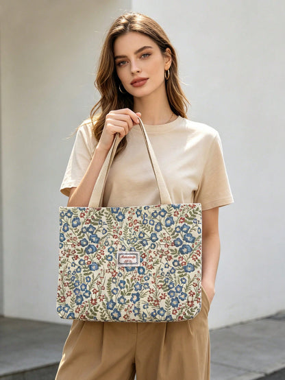 Large Capacity Floral Print Zipper Shoulder Tote Bag, Suitable For Office, School, Commute Or Casual Daily Use
