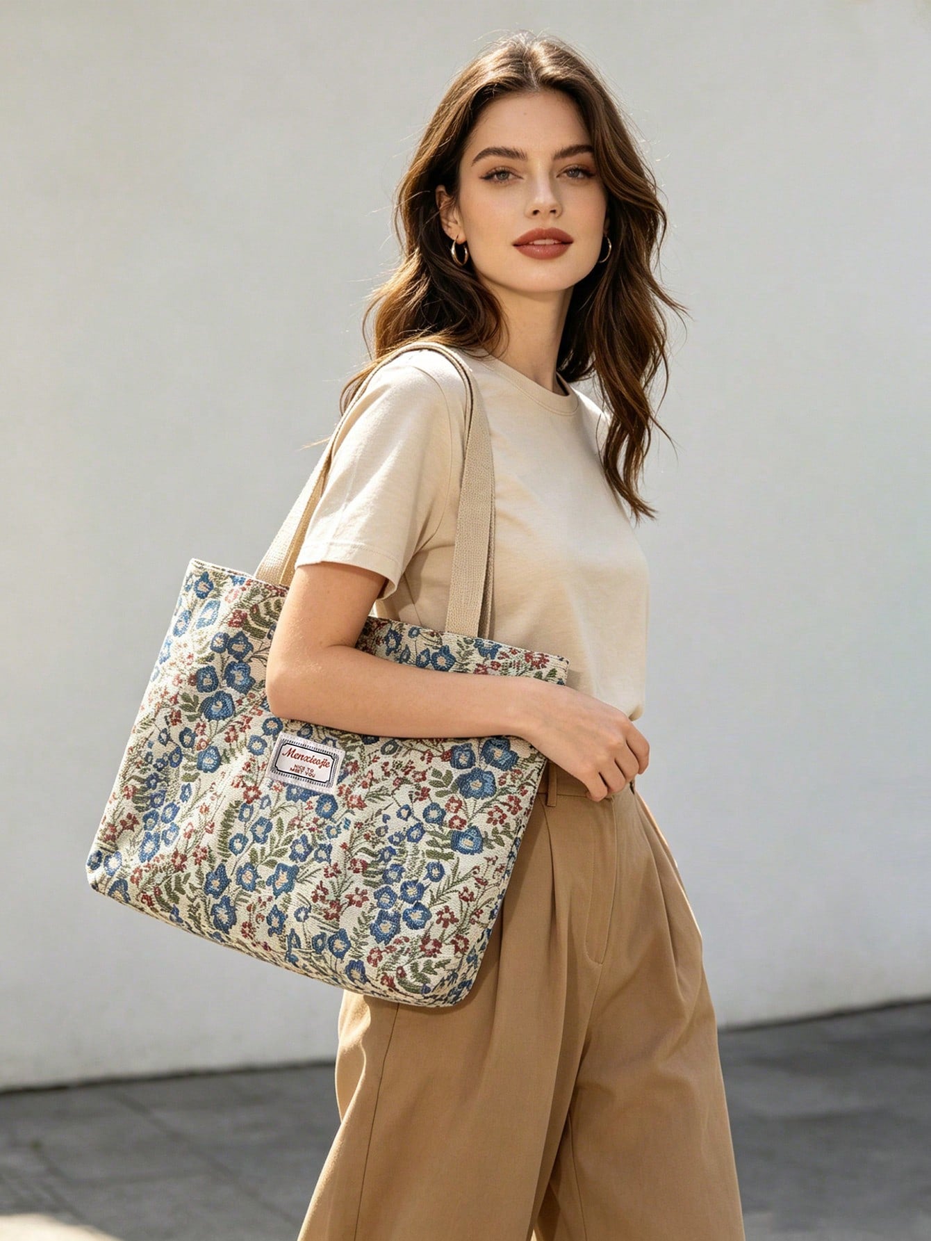 Large Capacity Floral Print Zipper Shoulder Tote Bag, Suitable For Office, School, Commute Or Casual Daily Use
