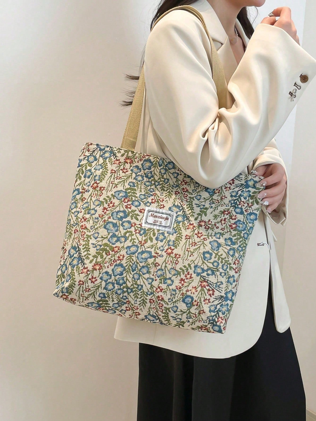 Large Capacity Floral Print Zipper Shoulder Tote Bag, Suitable For Office, School, Commute Or Casual Daily Use