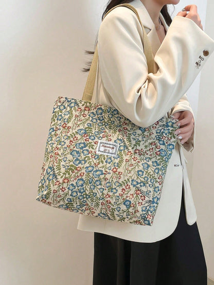 Large Capacity Floral Print Zipper Shoulder Tote Bag, Suitable For Office, School, Commute Or Casual Daily Use