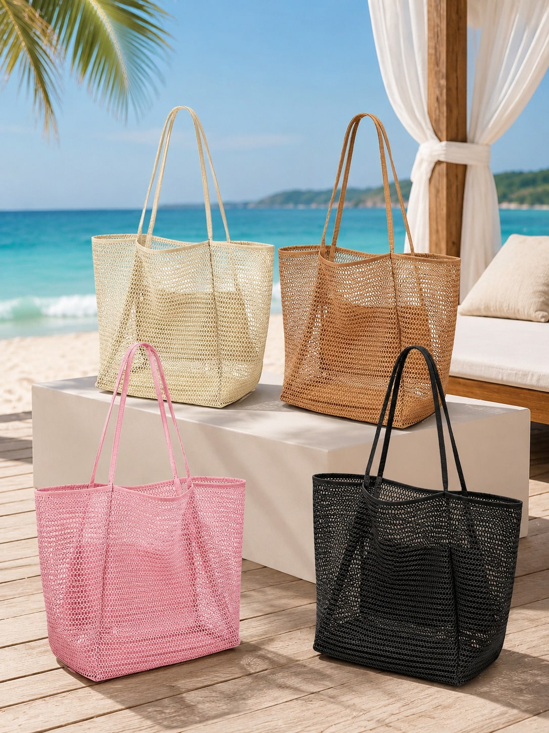 Large Capacity Foldable Mesh Swim Bag With Mesh Pouch,Beach Mesh Bag For Seaside Vacation, Bath Swimming Toiletries Storage Bag,Back To School