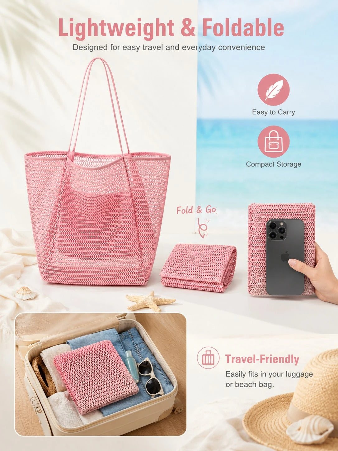 Large Capacity Foldable Mesh Swim Bag With Mesh Pouch,Beach Mesh Bag For Seaside Vacation, Bath Swimming Toiletries Storage Bag,Back To School