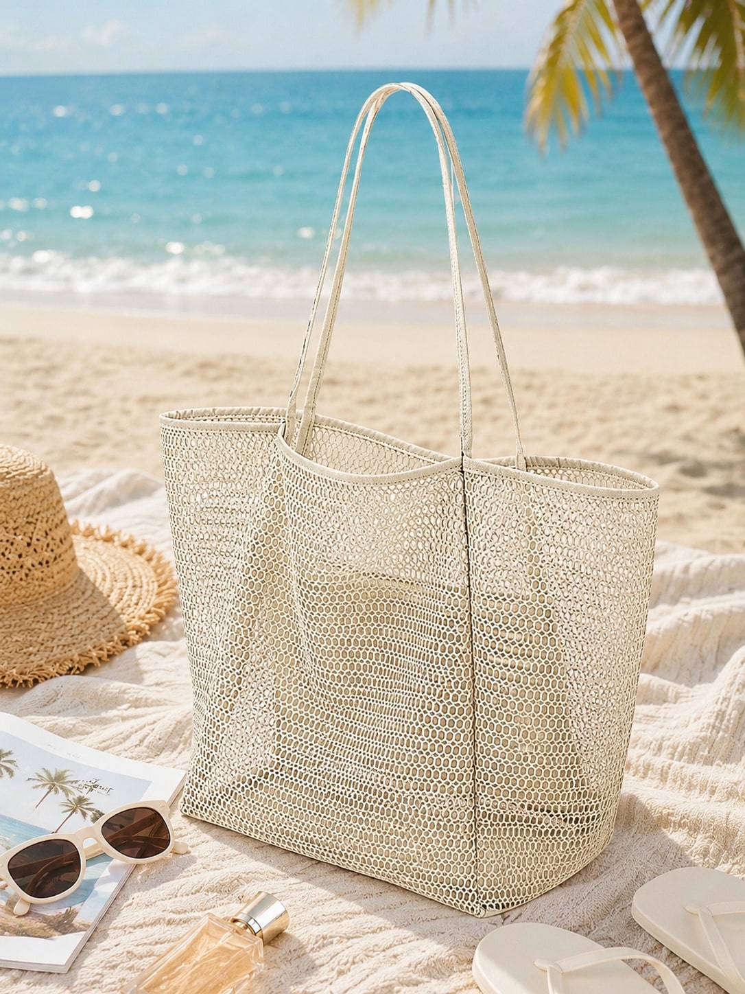 Large Capacity Foldable Mesh Swim Bag With Mesh Pouch,Beach Mesh Bag For Seaside Vacation, Bath Swimming Toiletries Storage Bag,Back To School