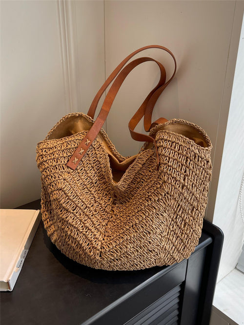 Large Capacity Woven Bag For Women,Handheld Shoulder Straw Tote Bag, Bag, Summer Woven Bag, Solid Color, 1pc, Suitable For Gifts