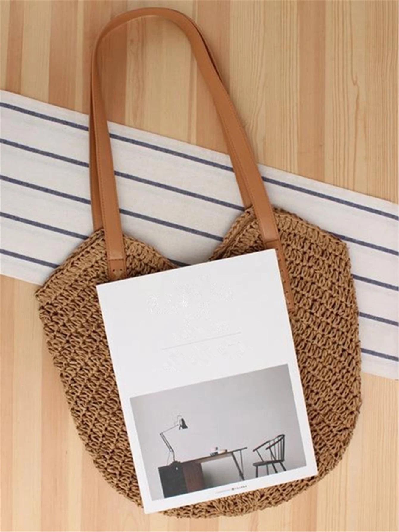 Large Capacity Woven Bag For Women,Handheld Shoulder Straw Tote Bag, Bag, Summer Woven Bag, Solid Color, 1pc, Suitable For Gifts