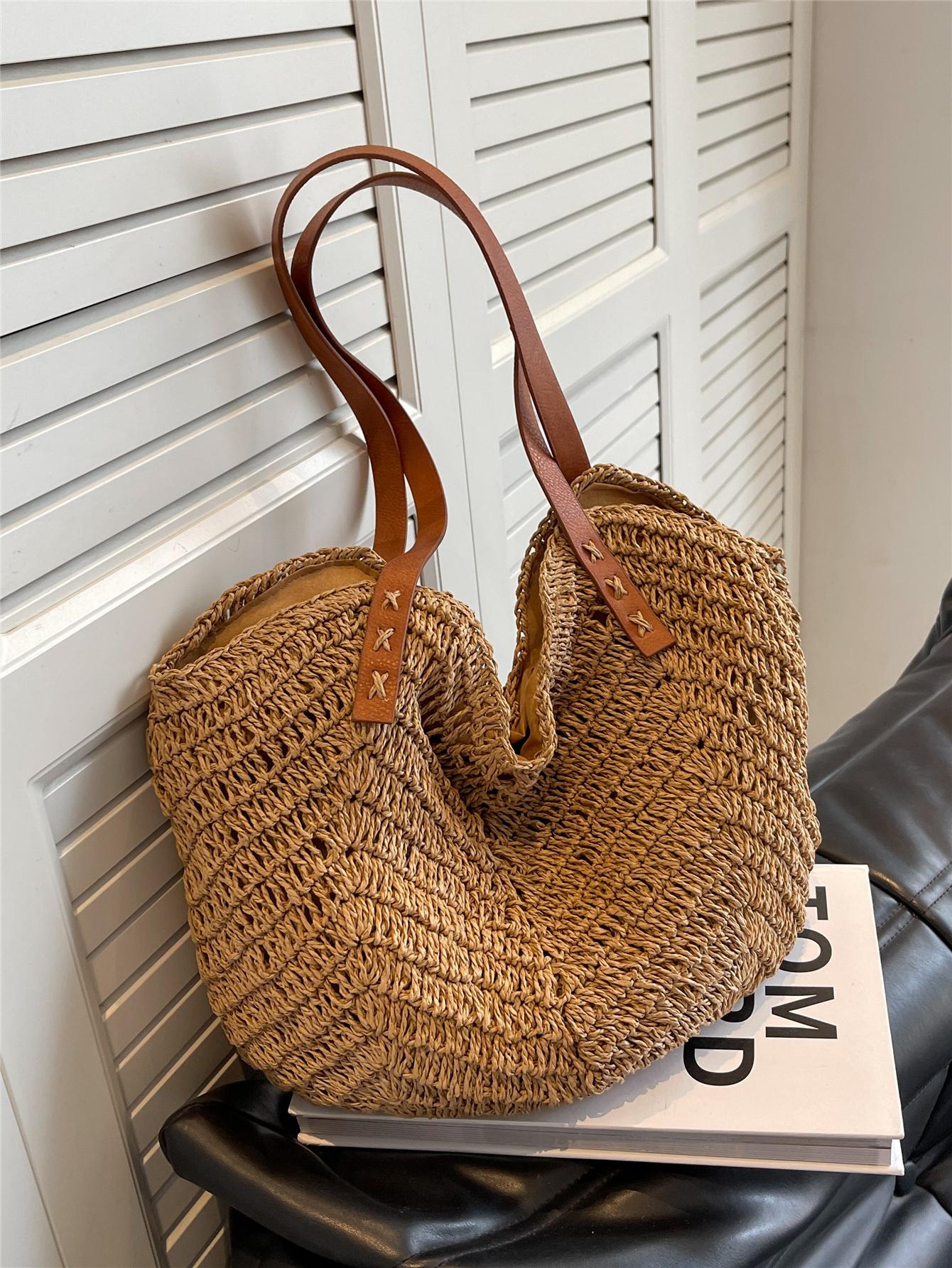 Large Capacity Woven Bag For Women,Handheld Shoulder Straw Tote Bag, Bag, Summer Woven Bag, Solid Color, 1pc, Suitable For Gifts