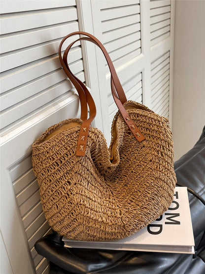 Large Capacity Woven Bag For Women,Handheld Shoulder Straw Tote Bag, Bag, Summer Woven Bag, Solid Color, 1pc, Suitable For Gifts