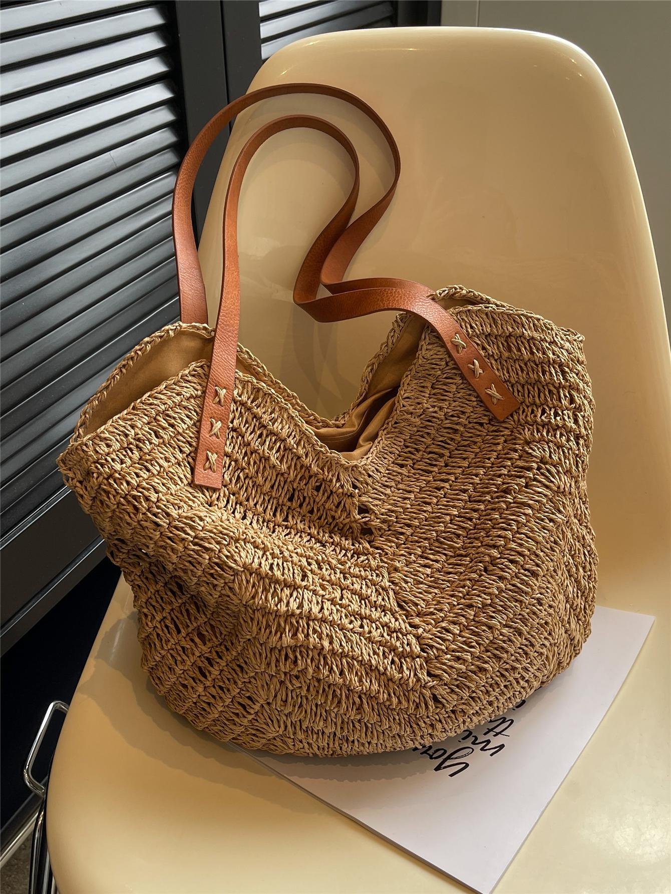 Large Capacity Woven Bag For Women,Handheld Shoulder Straw Tote Bag, Bag, Summer Woven Bag, Solid Color, 1pc, Suitable For Gifts