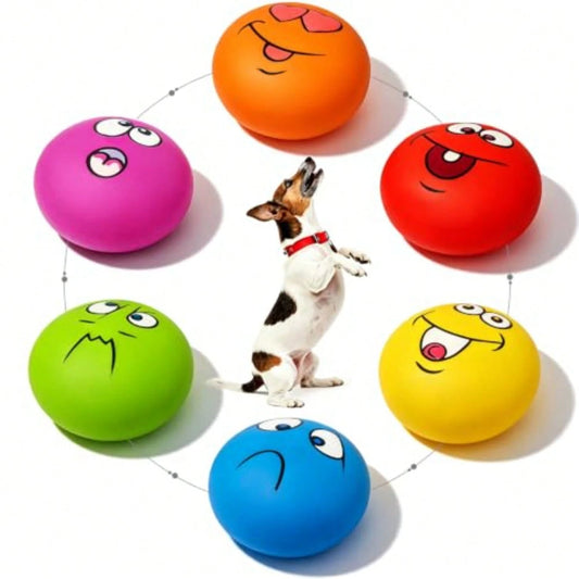 Latex Squeaky Dog Toys For Dogs, Mini Breed, 2.2" Flat Ball 2.2"X2.2"X1.3" Flat Squeaky Balls 6pcs, Soft Dog Toys Chewing Squeak Toy, Smile Face Fetch Puppy Pet Toy With Squeaker