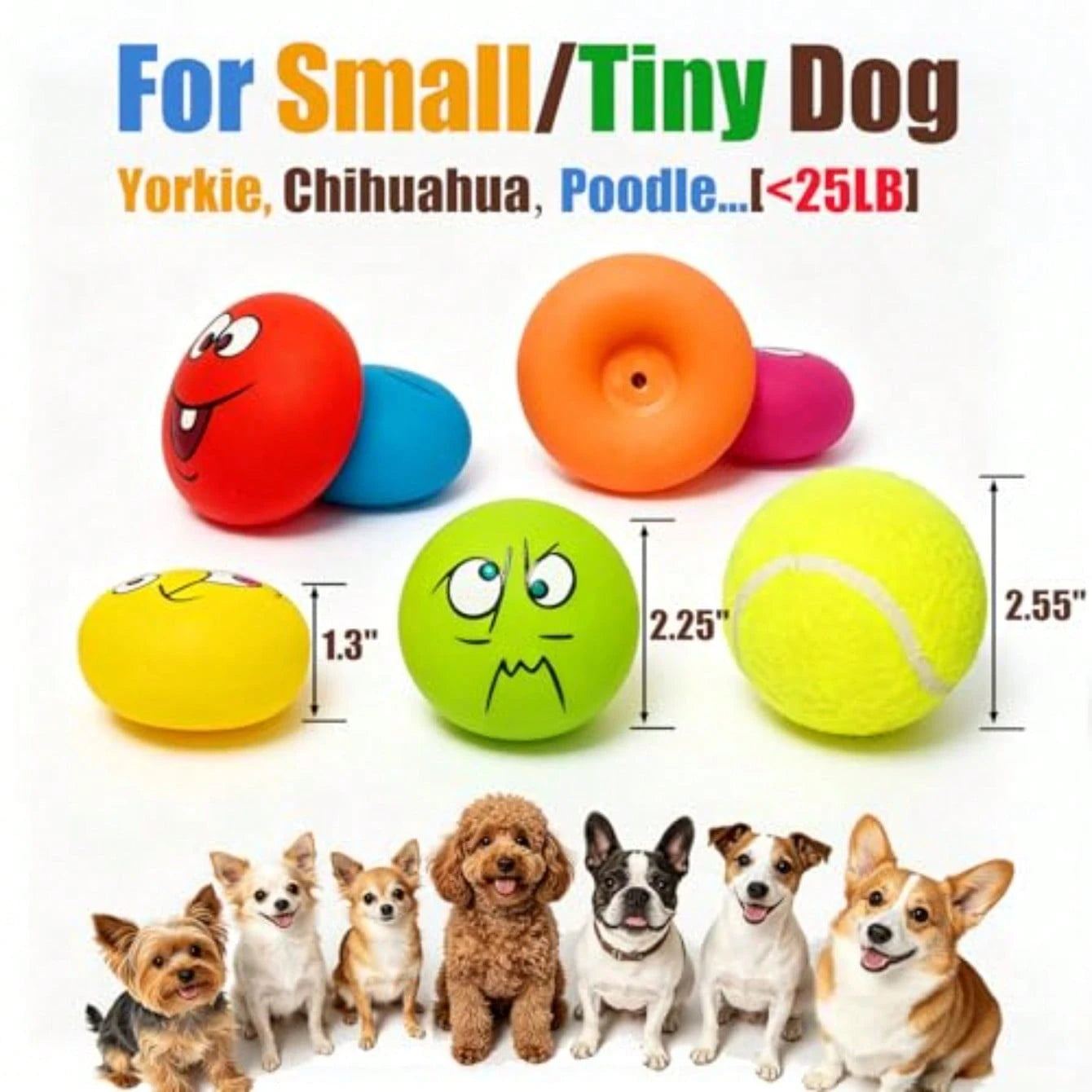 Latex Squeaky Dog Toys For Dogs, Mini Breed, 2.2" Flat Ball 2.2"X2.2"X1.3" Flat Squeaky Balls 6pcs, Soft Dog Toys Chewing Squeak Toy, Smile Face Fetch Puppy Pet Toy With Squeaker