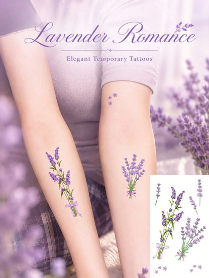 Lavender Flower Temporary Tattoos For Women, Romantic Purple Floral Tattoo Stickers, Delicate Botanical Bouquet Design, Aesthetic Fake Tattoos For Arm, Wrist, Ankle, Waterproof Long Lasting Body Art