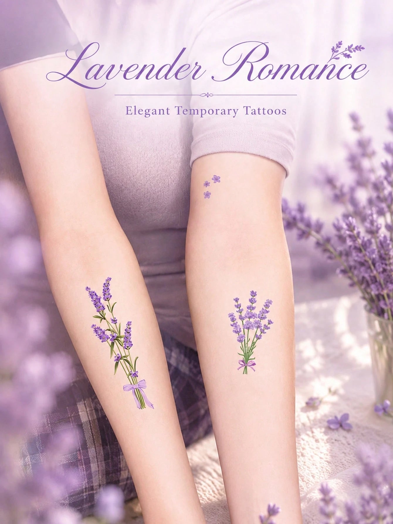 Lavender Flower Temporary Tattoos For Women, Romantic Purple Floral Tattoo Stickers, Delicate Botanical Bouquet Design, Aesthetic Fake Tattoos For Arm, Wrist, Ankle, Waterproof Long Lasting Body Art
