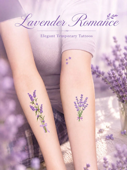 Lavender Flower Temporary Tattoos For Women, Romantic Purple Floral Tattoo Stickers, Delicate Botanical Bouquet Design, Aesthetic Fake Tattoos For Arm, Wrist, Ankle, Waterproof Long Lasting Body Art