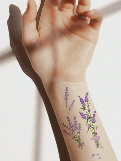 Lavender Flower Temporary Tattoos For Women, Romantic Purple Floral Tattoo Stickers, Delicate Botanical Bouquet Design, Aesthetic Fake Tattoos For Arm, Wrist, Ankle, Waterproof Long Lasting Body Art