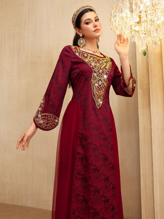 Layrah Spring/ Square Neck Beaded Floral Lace Flare Sleeve Waist Slimming Flowy Formal Evening Embroidered Dress For Evening Party