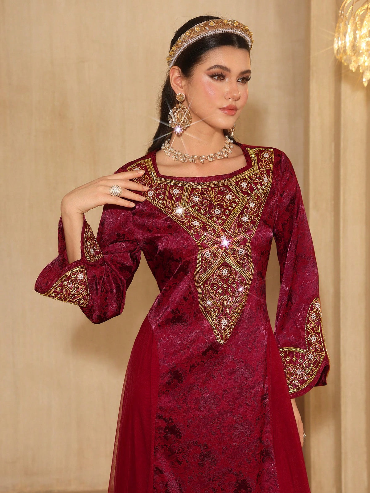 Layrah Spring/ Square Neck Beaded Floral Lace Flare Sleeve Waist Slimming Flowy Formal Evening Embroidered Dress For Evening Party