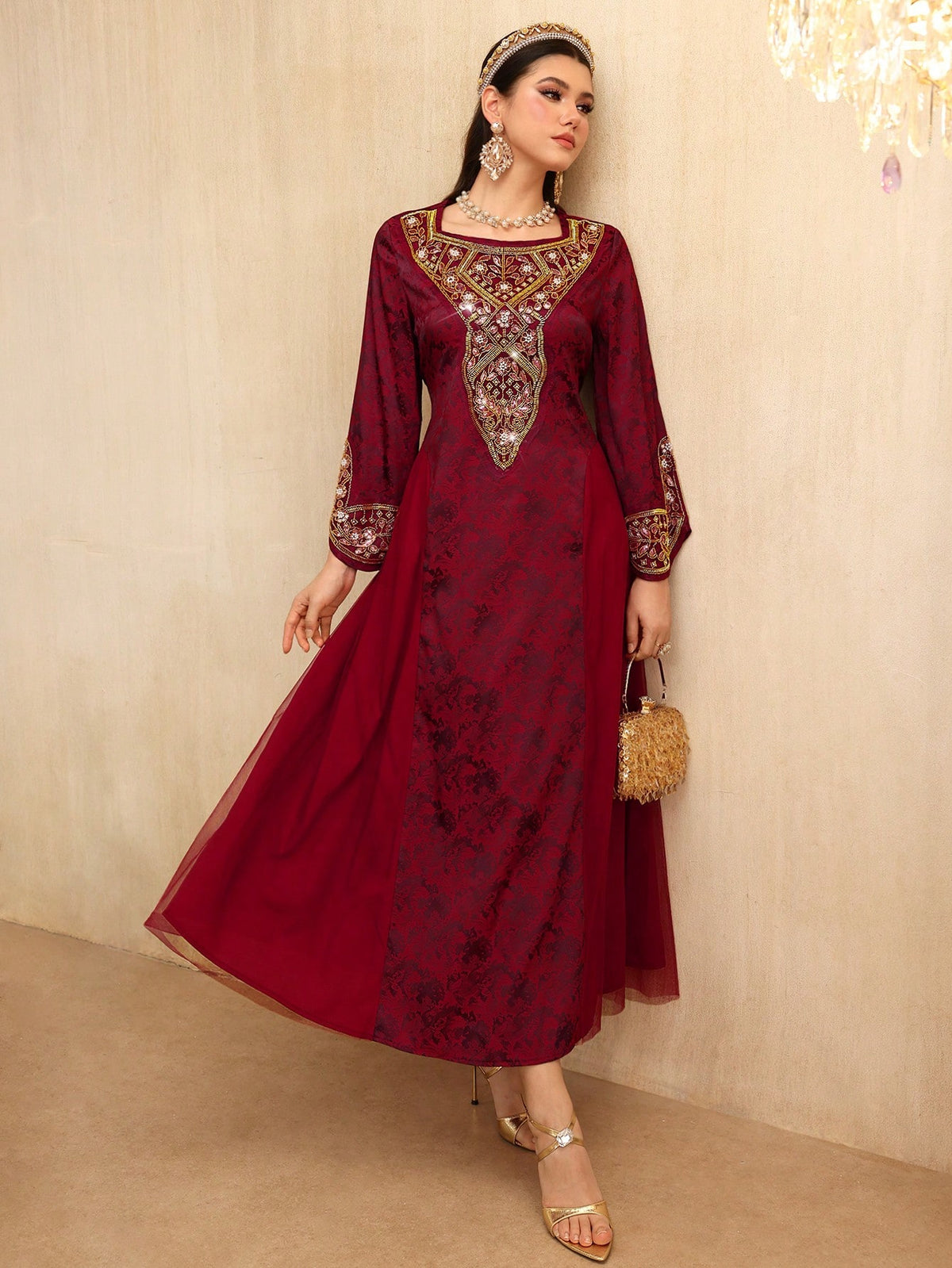 Layrah Spring/ Square Neck Beaded Floral Lace Flare Sleeve Waist Slimming Flowy Formal Evening Embroidered Dress For Evening Party