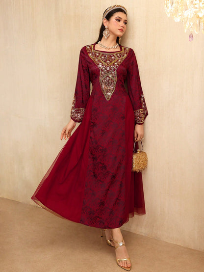 Layrah Spring/ Square Neck Beaded Floral Lace Flare Sleeve Waist Slimming Flowy Formal Evening Embroidered Dress For Evening Party