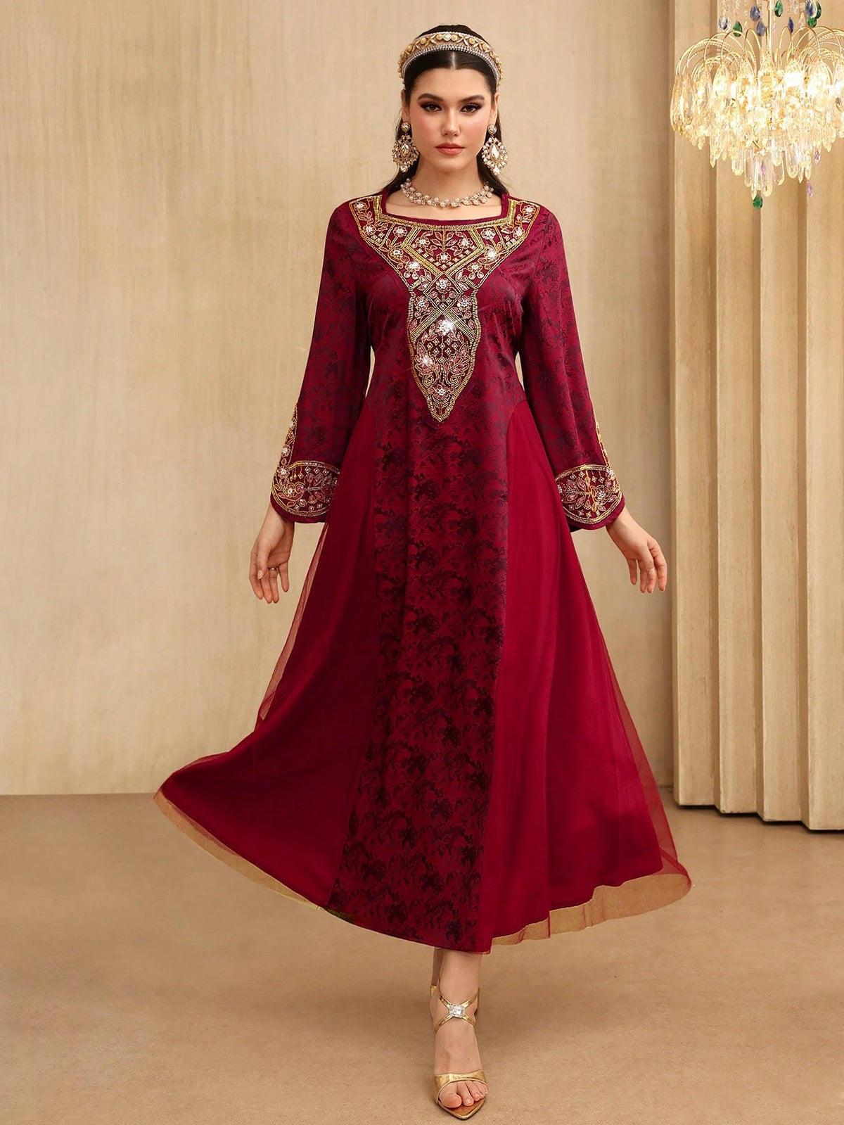 Layrah Spring/ Square Neck Beaded Floral Lace Flare Sleeve Waist Slimming Flowy Formal Evening Embroidered Dress For Evening Party