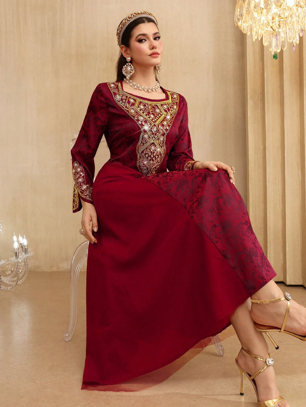Layrah Spring/ Square Neck Beaded Floral Lace Flare Sleeve Waist Slimming Flowy Formal Evening Embroidered Dress For Evening Party