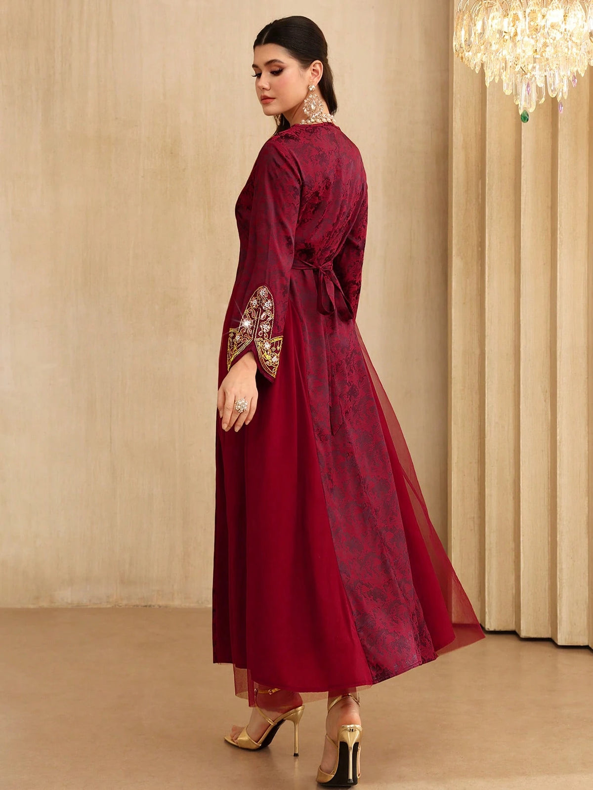 Layrah Spring/ Square Neck Beaded Floral Lace Flare Sleeve Waist Slimming Flowy Formal Evening Embroidered Dress For Evening Party