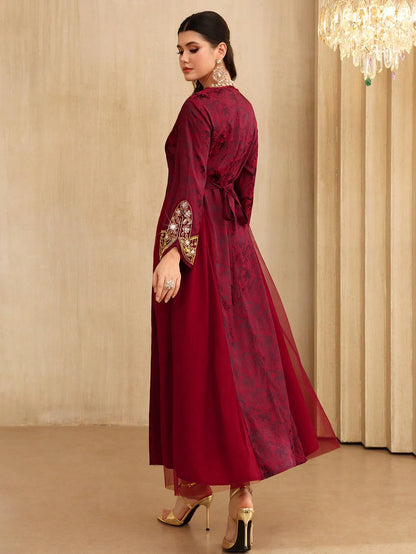 Layrah Spring/ Square Neck Beaded Floral Lace Flare Sleeve Waist Slimming Flowy Formal Evening Embroidered Dress For Evening Party