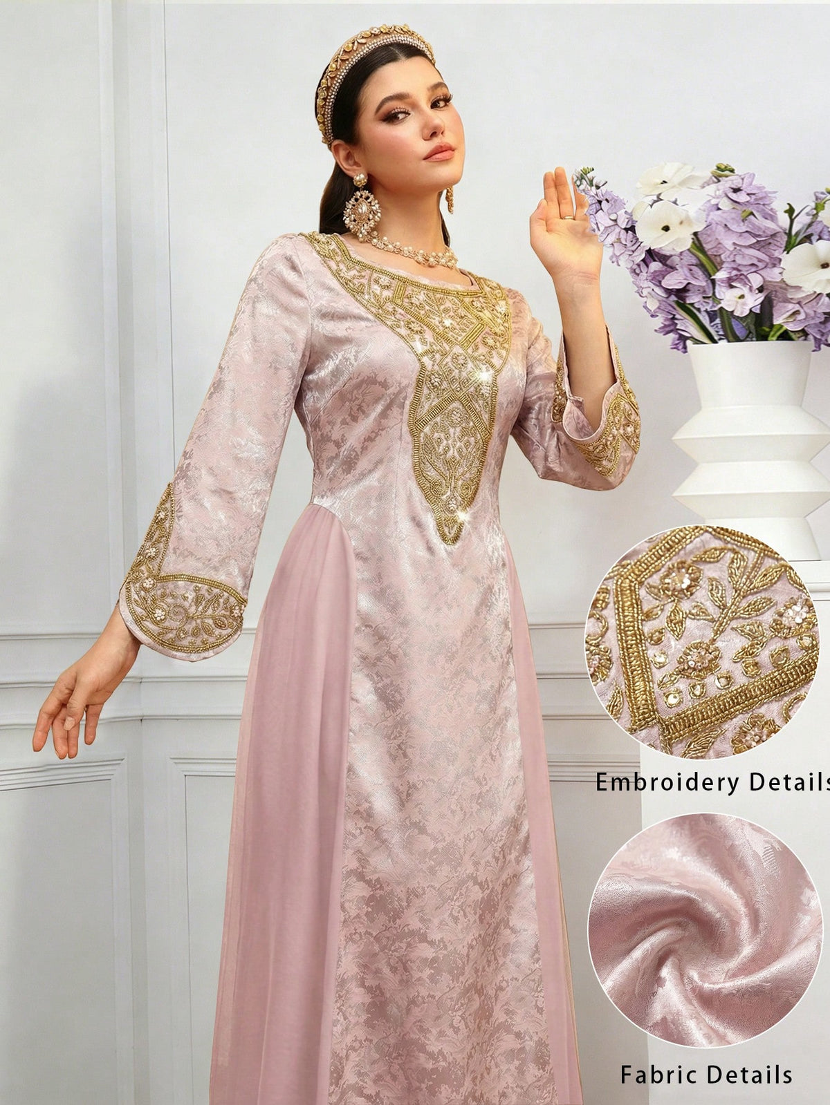 Layrah Spring/ Square Neck Beaded Floral Lace Flare Sleeve Waist Slimming Flowy Formal Evening Embroidered Dress For Evening Party