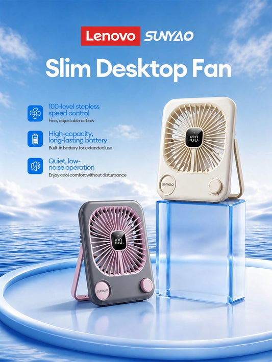 Lenovo SUNYAO FS002 Ultra-Thin Desktop Circulation Mini Fan, 100-Speed Stepless Adjustment, 1200mAh Large Capacity Long Battery Life, LED Digital Battery Display, 40dB Deep Sea Quiet Low Noise, Foldab