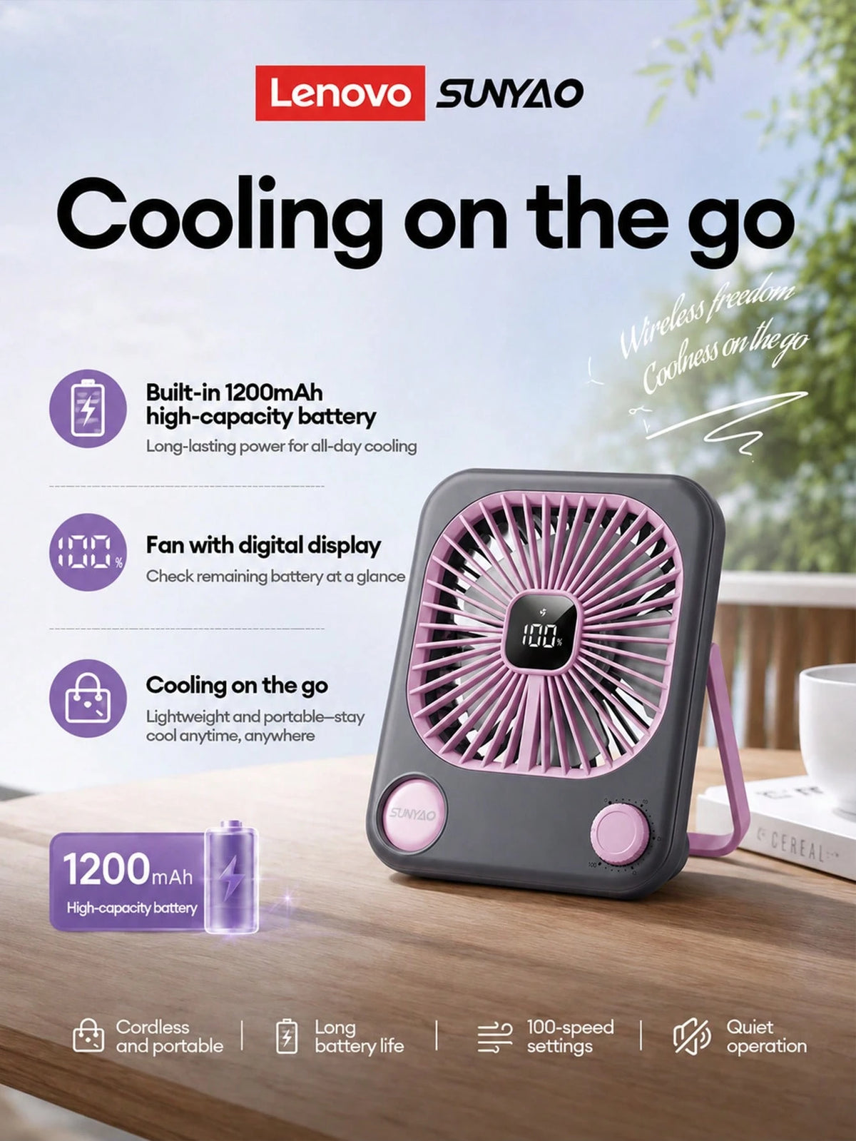 Lenovo SUNYAO FS002 Ultra-Thin Desktop Circulation Mini Fan, 100-Speed Stepless Adjustment, 1200mAh Large Capacity Long Battery Life, LED Digital Battery Display, 40dB Deep Sea Quiet Low Noise, Foldab