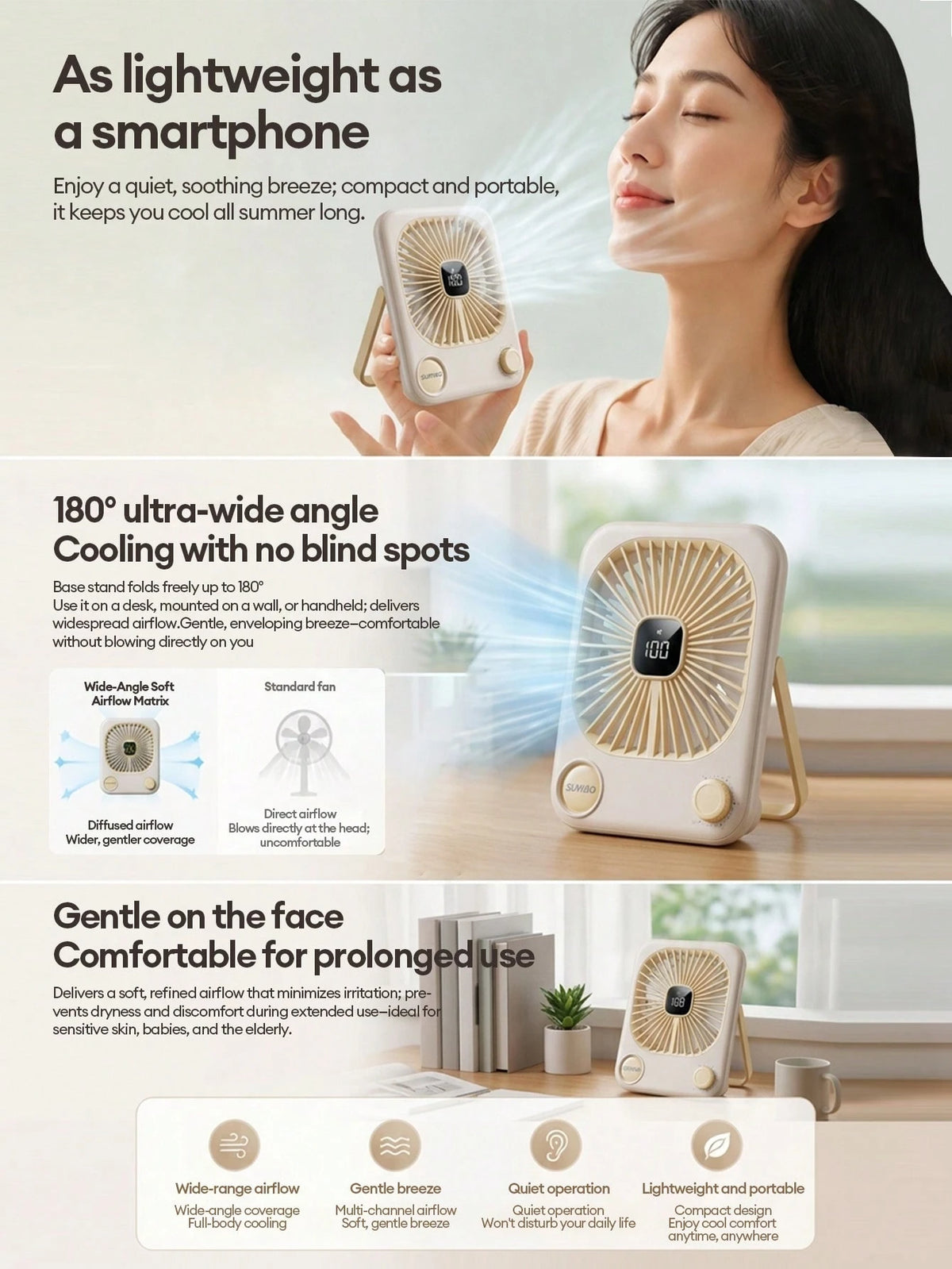 Lenovo SUNYAO FS002 Ultra-Thin Desktop Circulation Mini Fan, 100-Speed Stepless Adjustment, 1200mAh Large Capacity Long Battery Life, LED Digital Battery Display, 40dB Deep Sea Quiet Low Noise, Foldab