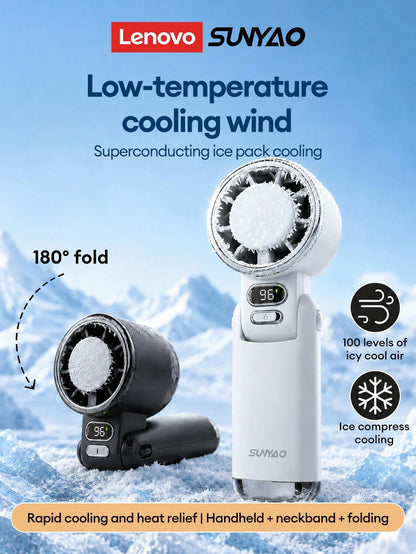Lenovo SUNYAO FS005 Semiconductor Ice-Feel Handheld Mini Fan TEC Rapid Cooling Ice Compress Refrigeration Foldable Portable Electric Fan 100-Level Stepless Speed Adjustment LED Digital Display Battery