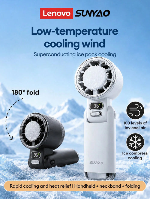 Lenovo SUNYAO FS005 Semiconductor Ice-Feel Handheld Mini Fan TEC Rapid Cooling Ice Compress Refrigeration Foldable Portable Electric Fan 100-Level Stepless Speed Adjustment LED Digital Display Battery