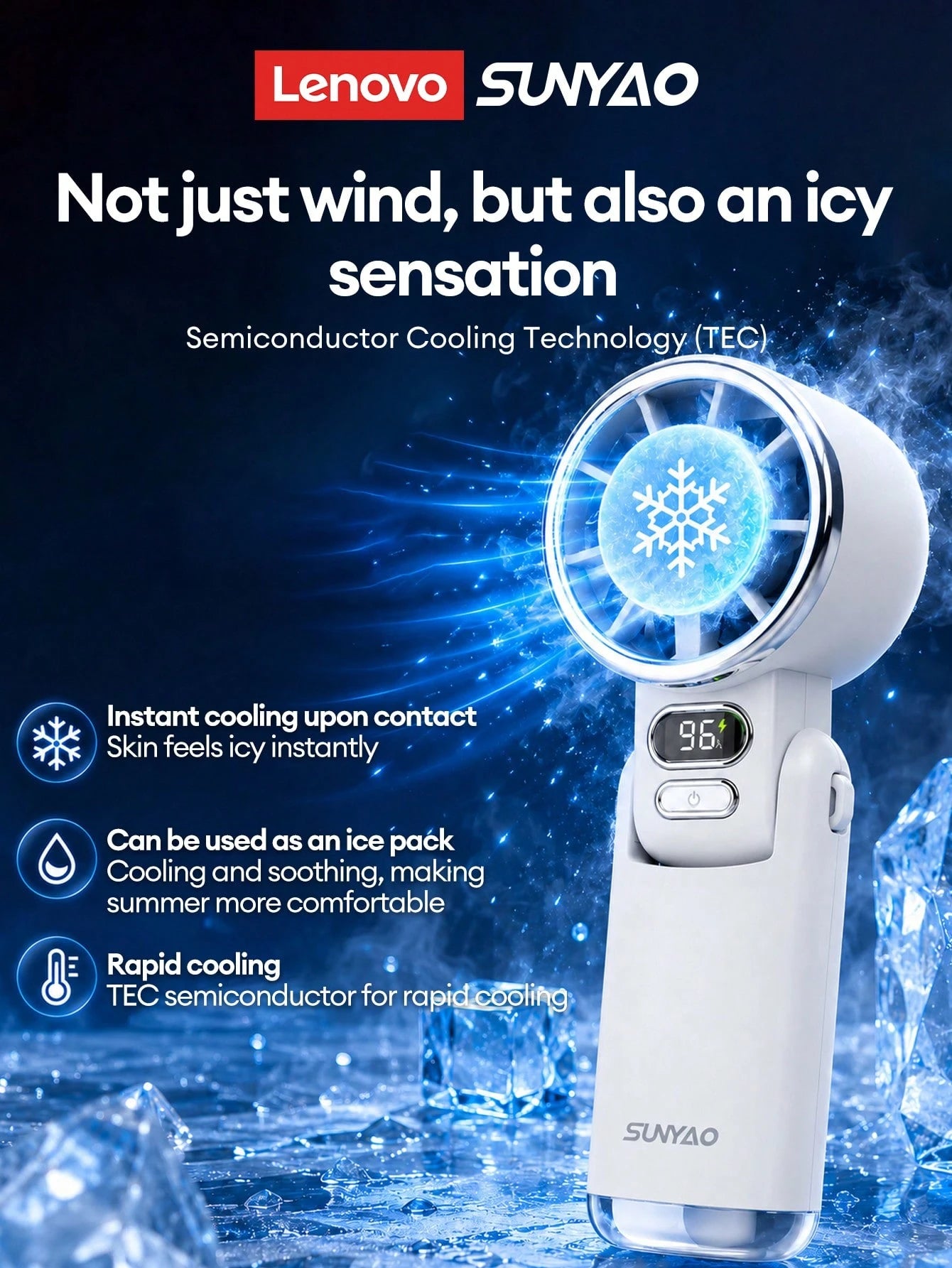 Lenovo SUNYAO FS005 Semiconductor Ice-Feel Handheld Mini Fan TEC Rapid Cooling Ice Compress Refrigeration Foldable Portable Electric Fan 100-Level Stepless Speed Adjustment LED Digital Display Battery