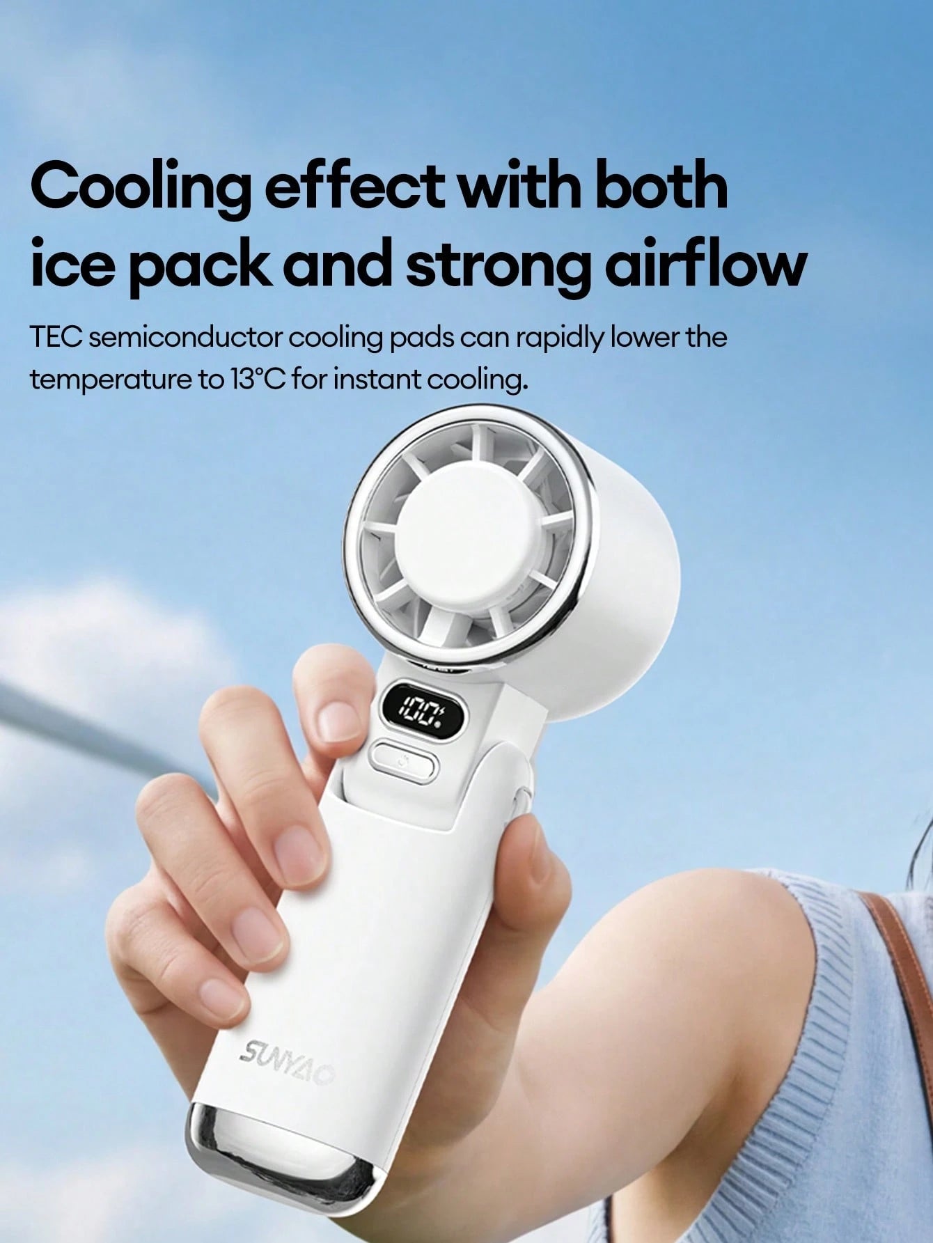 Lenovo SUNYAO FS005 Semiconductor Ice-Feel Handheld Mini Fan TEC Rapid Cooling Ice Compress Refrigeration Foldable Portable Electric Fan 100-Level Stepless Speed Adjustment LED Digital Display Battery