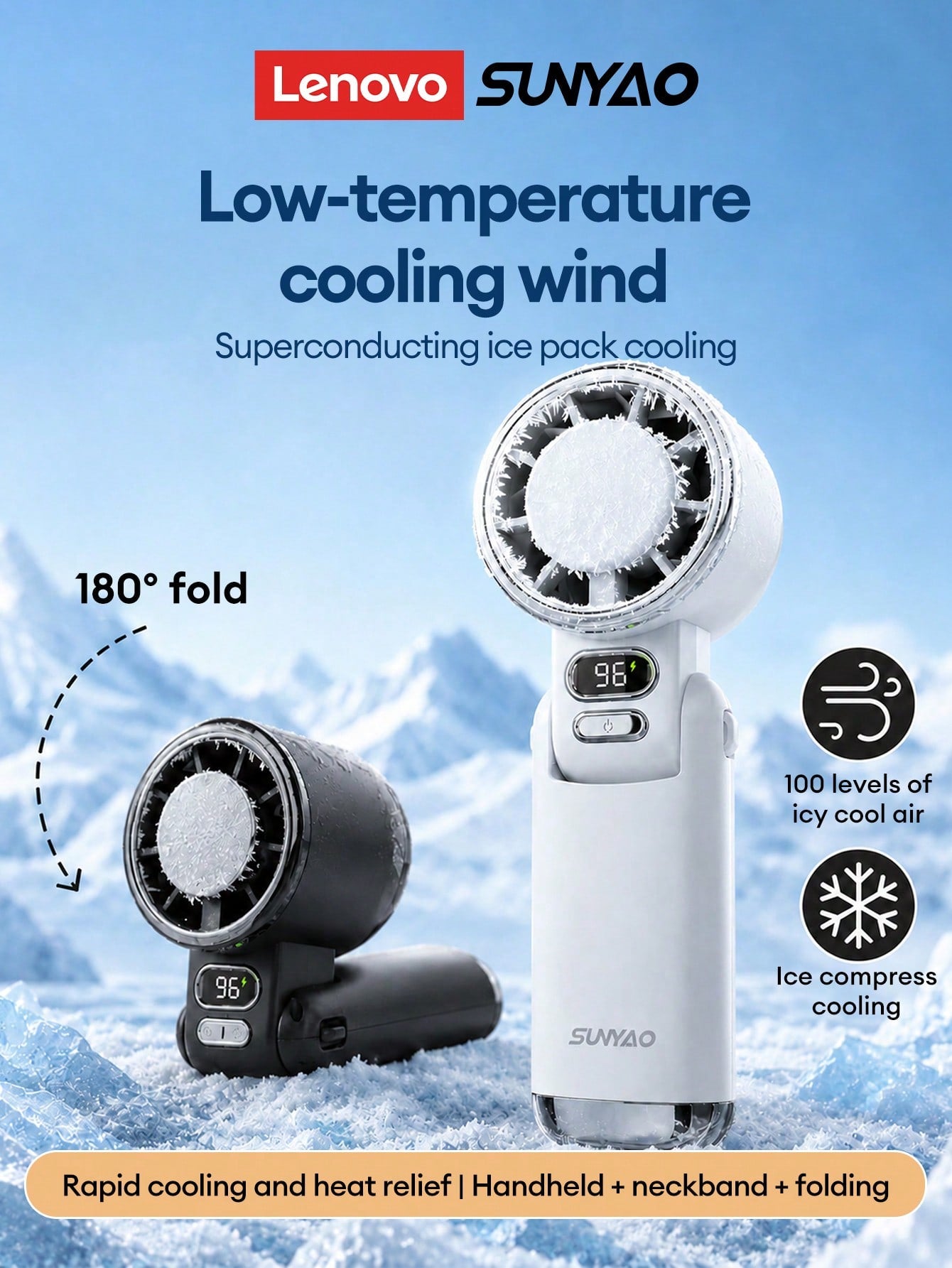 Lenovo SUNYAO FS005 Semiconductor Ice-Feel Handheld Mini Fan TEC Rapid Cooling Ice Compress Refrigeration Foldable Portable Electric Fan 100-Level Stepless Speed Adjustment LED Digital Display Battery