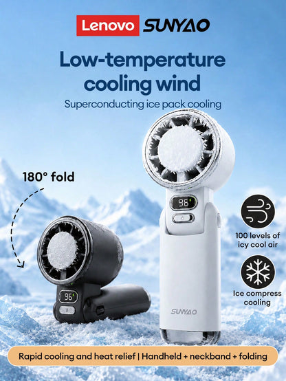 Lenovo SUNYAO FS005 Semiconductor Ice-Feel Handheld Mini Fan TEC Rapid Cooling Ice Compress Refrigeration Foldable Portable Electric Fan 100-Level Stepless Speed Adjustment LED Digital Display Battery