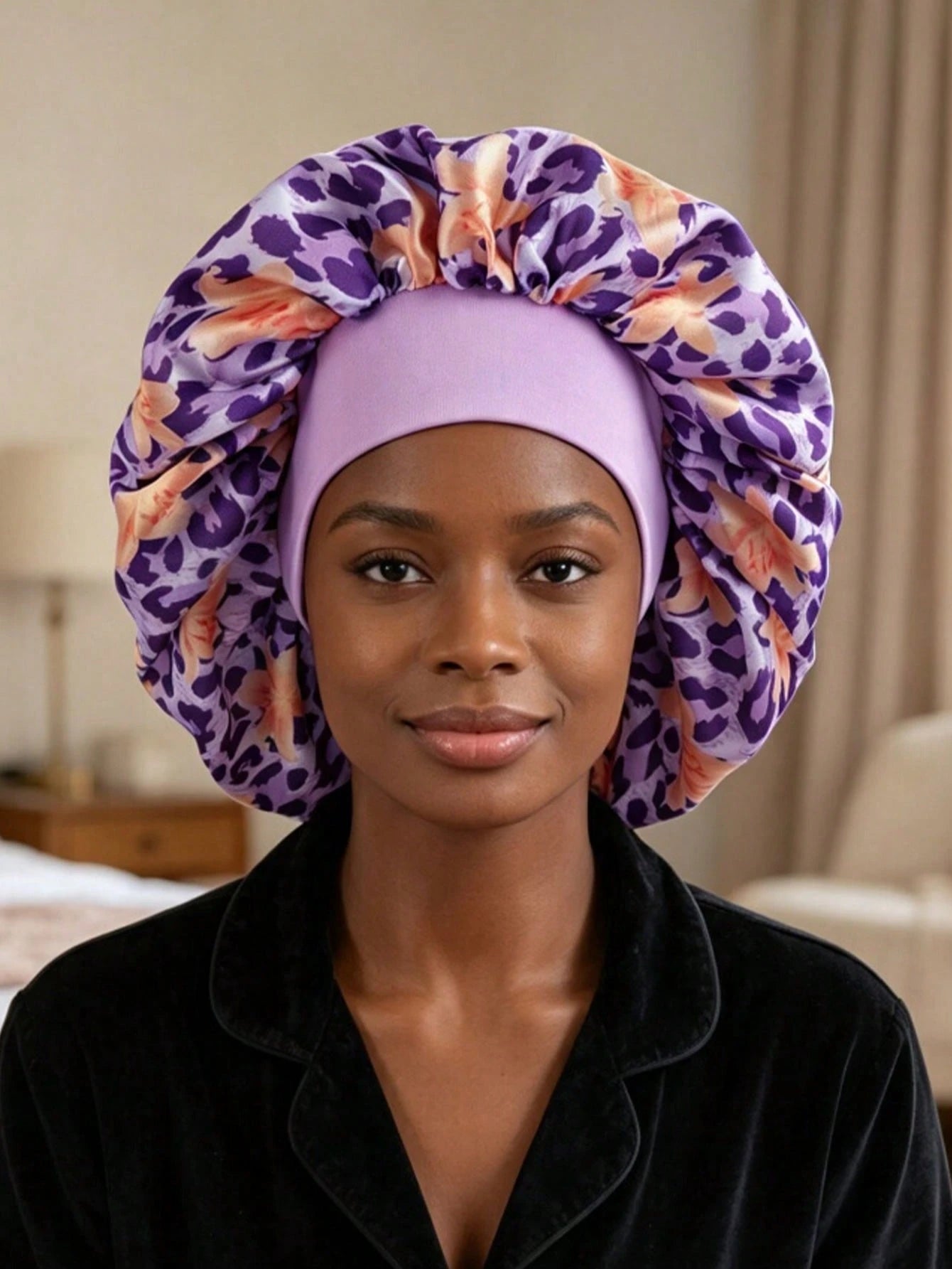 Leopard & Floral Print Satin Wide Band Bonnet, Silky Hair Sleep Cap For Natural Hair, Curly Hair, Braids, Night Turban Head Wrap