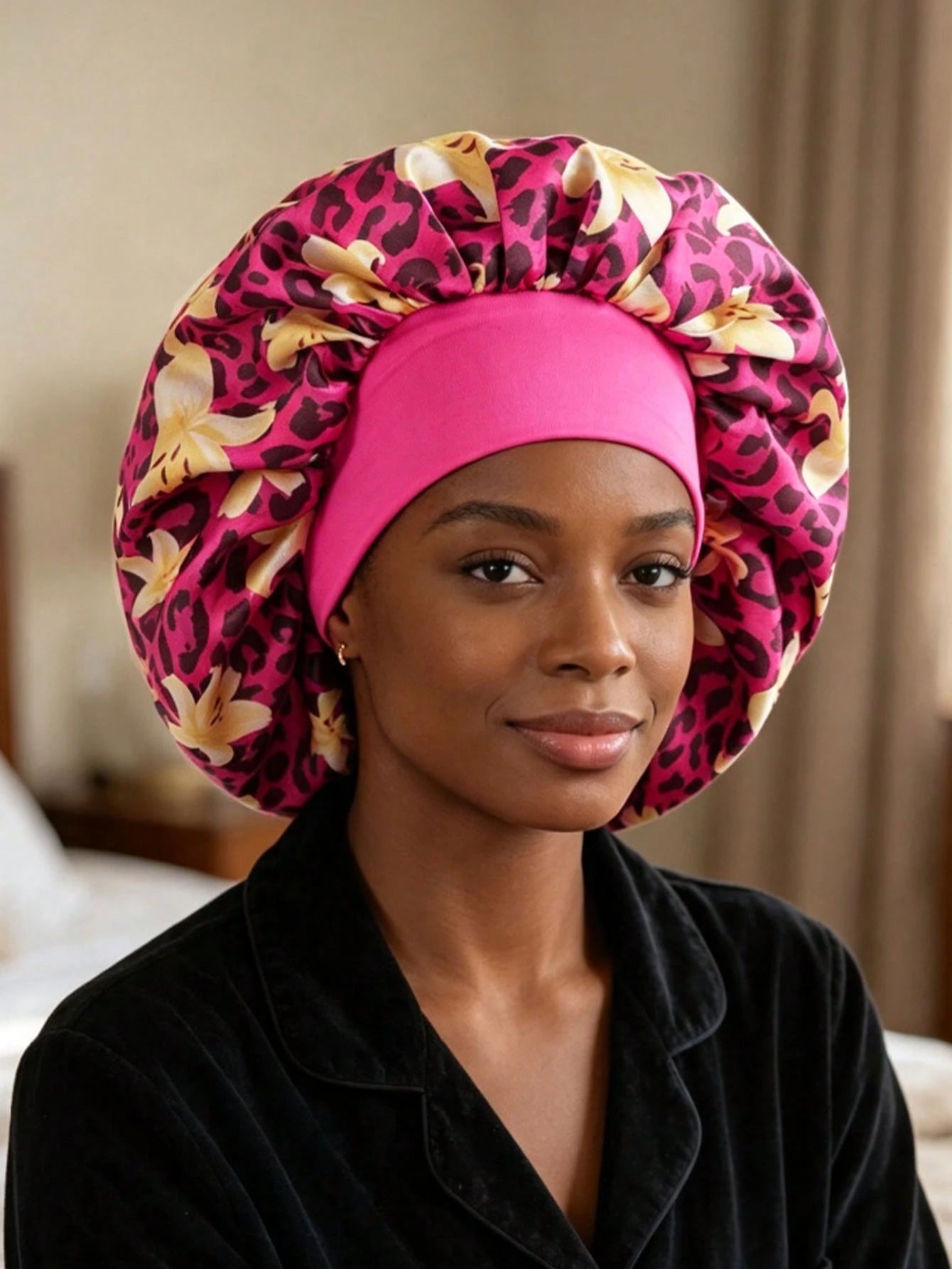Leopard & Floral Print Satin Wide Band Bonnet, Silky Hair Sleep Cap For Natural Hair, Curly Hair, Braids, Night Turban Head Wrap