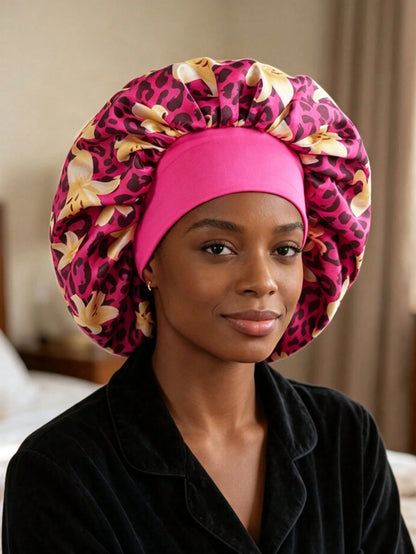 Leopard & Floral Print Satin Wide Band Bonnet, Silky Hair Sleep Cap For Natural Hair, Curly Hair, Braids, Night Turban Head Wrap